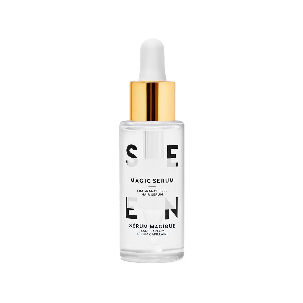 SEEN Magic Serum bottle shows fragrance-free formula ideal for sensitive skin and frizz control.