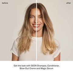 SEEN Magic Serum on hair demonstrates frizz reduction and instant shine.