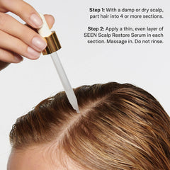 SEEN Restore Scalp Serum texture close-up shows lightweight, calming feel.