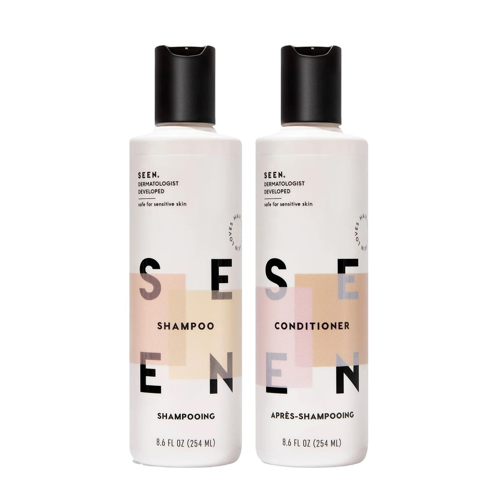 SEEN shampoo bottle pour shows easy release for gentle cleansing; suitable for sensitive skin
