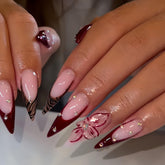 SEENEEY long press nails in stiletto brown French with flowers for chic, effortless manicure.