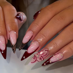 SEENEEY long press nails in stiletto brown French with flowers for chic, effortless manicure.