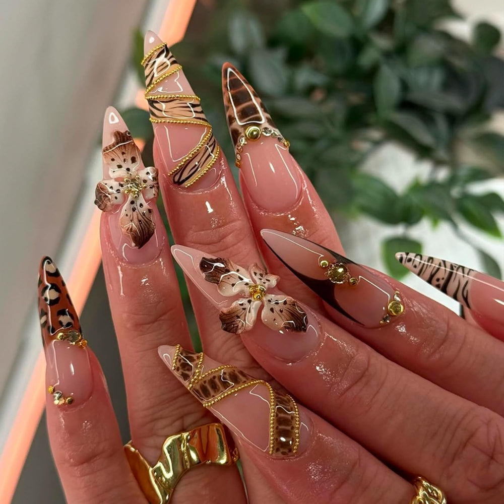 SEENEEY uñas de almendra con flores marrón, diseño duradero para uso diario.