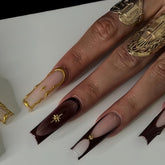SEENEEY long press nails in square brown with gold charms for at-home salon results.