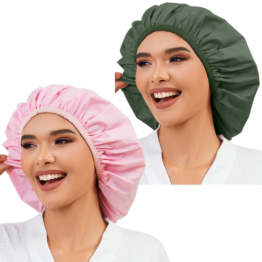Selalu 2-pack shower cap pink and green front view showing full hair coverage