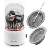 Selanoir rotating makeup brush holder with lid on vanity, keeping brushes dust-free and accessible