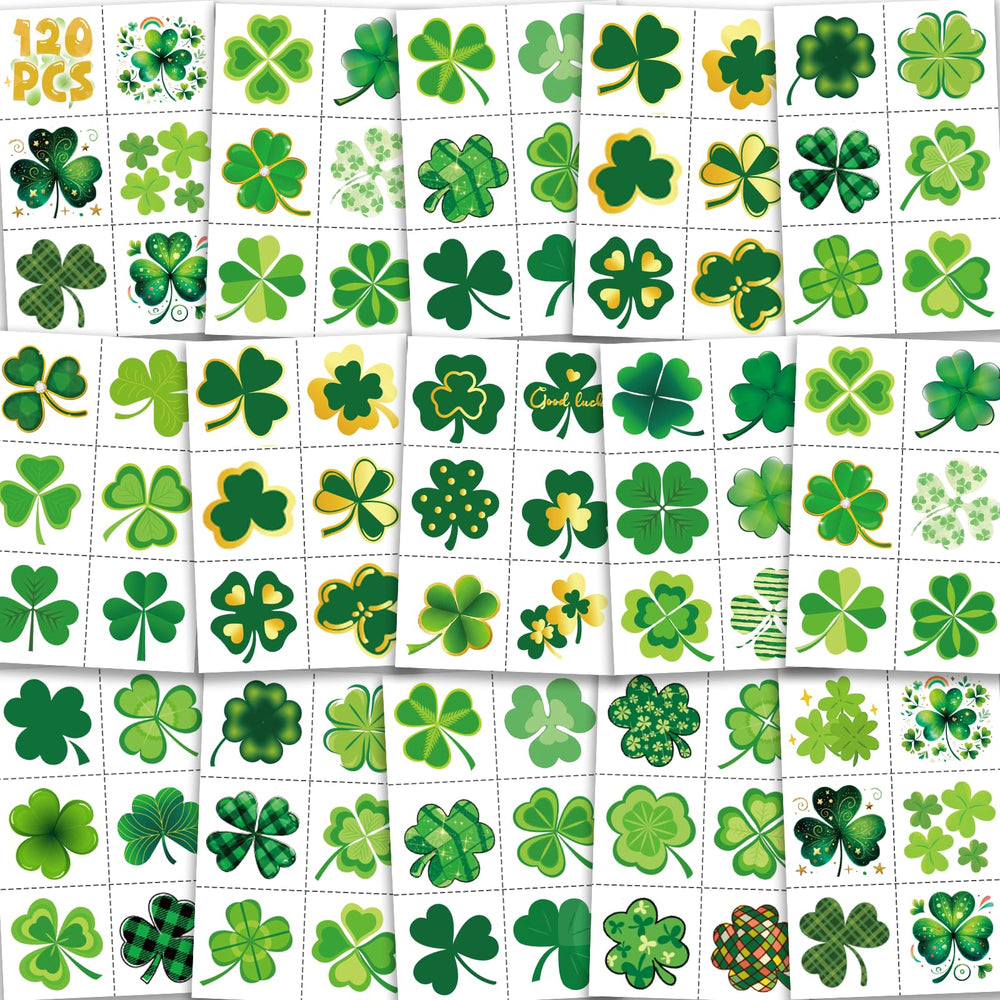Sellentduct Shamrock tattoos bulk pack shot showing party-ready designs