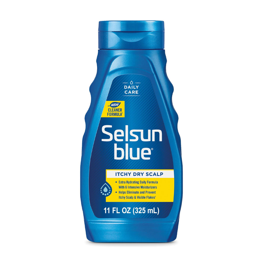 Selsun Blue anti-dandruff shampoo bottle front shows pyrithione zinc 1% for targeted scalp relief