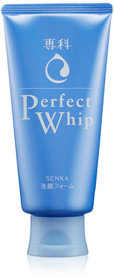 Senka Perfect Whip cleansing foam bottle showing rich foam for daily cleansing.
