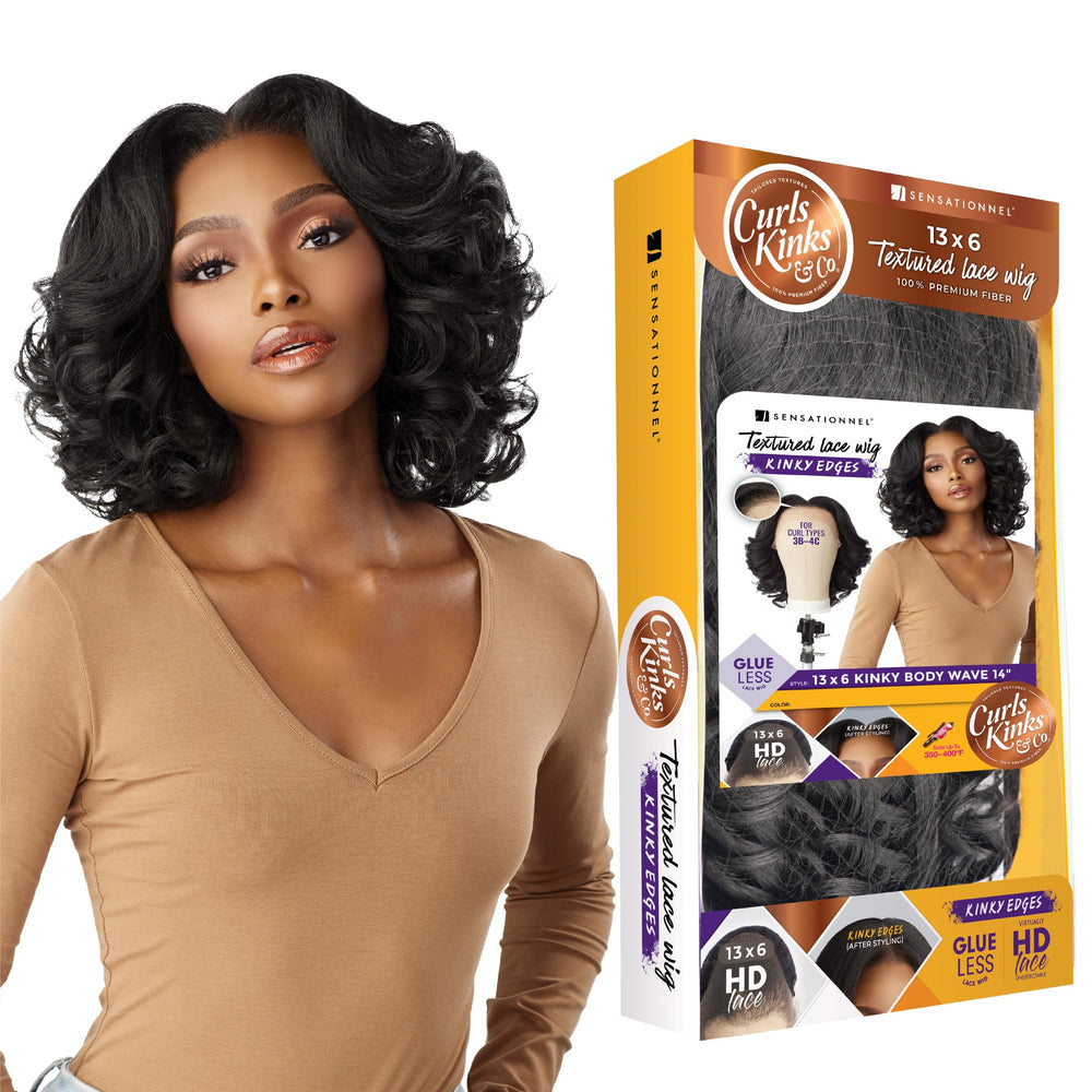 Sensationnel Curls KinksandCo KinkyEdges wig, 14-inch front view, natural lace frontal styling.