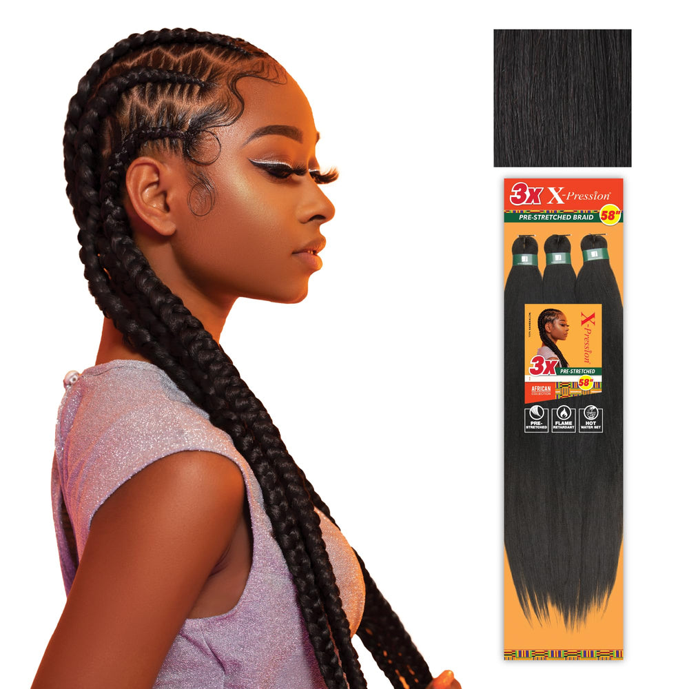 Sensationnel X-pression pre-stretched braiding hair 58in in 1B OffBlack for easy box braids.