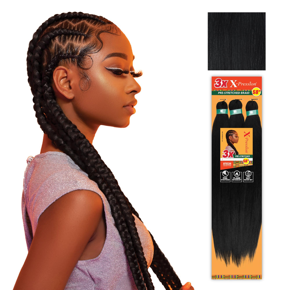 Sensationnel X-pression 58-inch jet black pre-stretched braiding hair for box braids with smooth texture.
