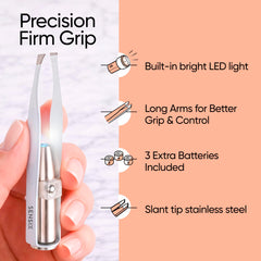 Sensica tweezers long-arm design enhances grip and control during plucking.