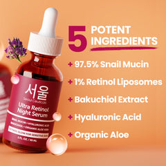 SeoulCeuticals sérum nocturno con ácido hialurónico y bakuchiol para hidratación suave.