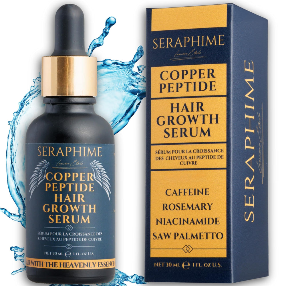 Seraphime copper peptide serum bottle promoting thicker, fuller hair with multi-peptide actives.
