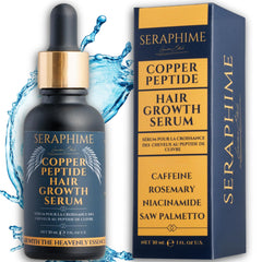 Seraphime copper peptide serum bottle promoting thicker, fuller hair with multi-peptide actives.