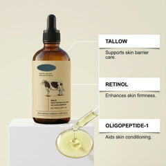 Textura suave y rápida absorción del sérum de sebo con retinol y micropéptidos dorados.