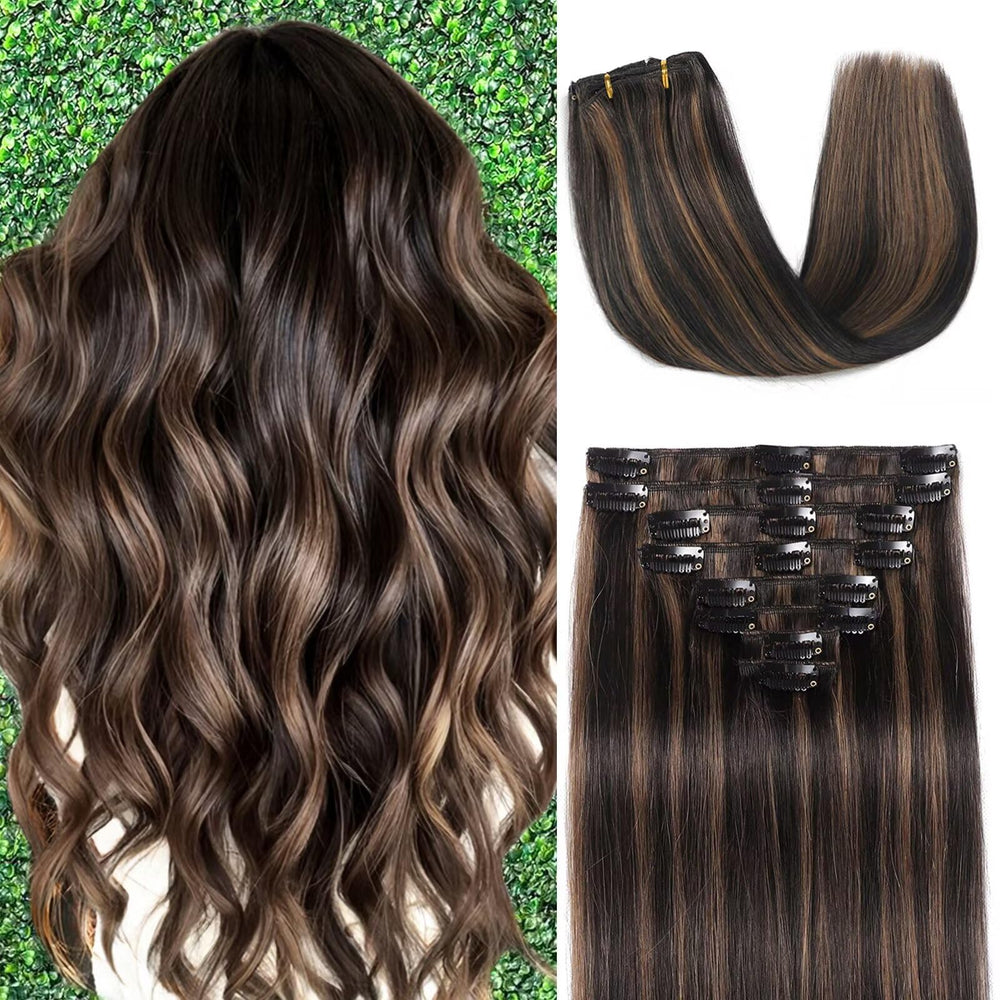 Setible clip-in extensions in straight 18-inch blend with natural hair.