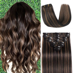 Setible clip-in extensions in straight 18-inch blend with natural hair.