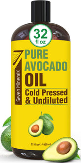 Seven Minerals avocado oil bottle for hair and skin care.
