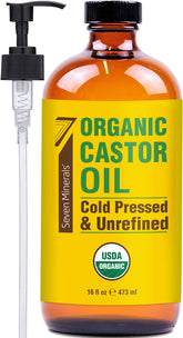 Seven Minerals castor oil in an amber glass bottle protecting freshness.