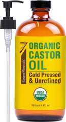 Seven Minerals castor oil in an amber glass bottle protecting freshness.