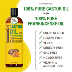 Crecimiento del cabello con aceite de ricino e incienso de Seven Minerals.