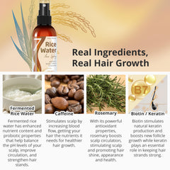 Seven Minerals fermented rice water ingredients close-up highlights biotin, caffeine, and keratin.
