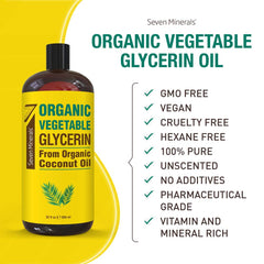 Seven Minerals glycerin bottle label highlights organic coconut oil and no palm oil