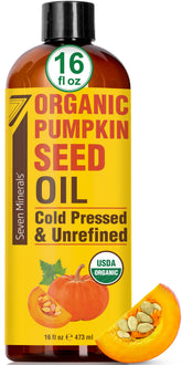 Seven Minerals Pumpkin Seed Oil bottle pour for quick, non-greasy scalp care.