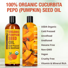 Seven Minerals Pumpkin Seed Oil label close-up highlighting USDA Organic, hexane-free.