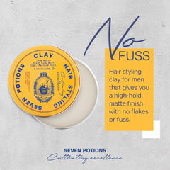 Damp hair application of Seven Potions Hair Clay for easy restyle.