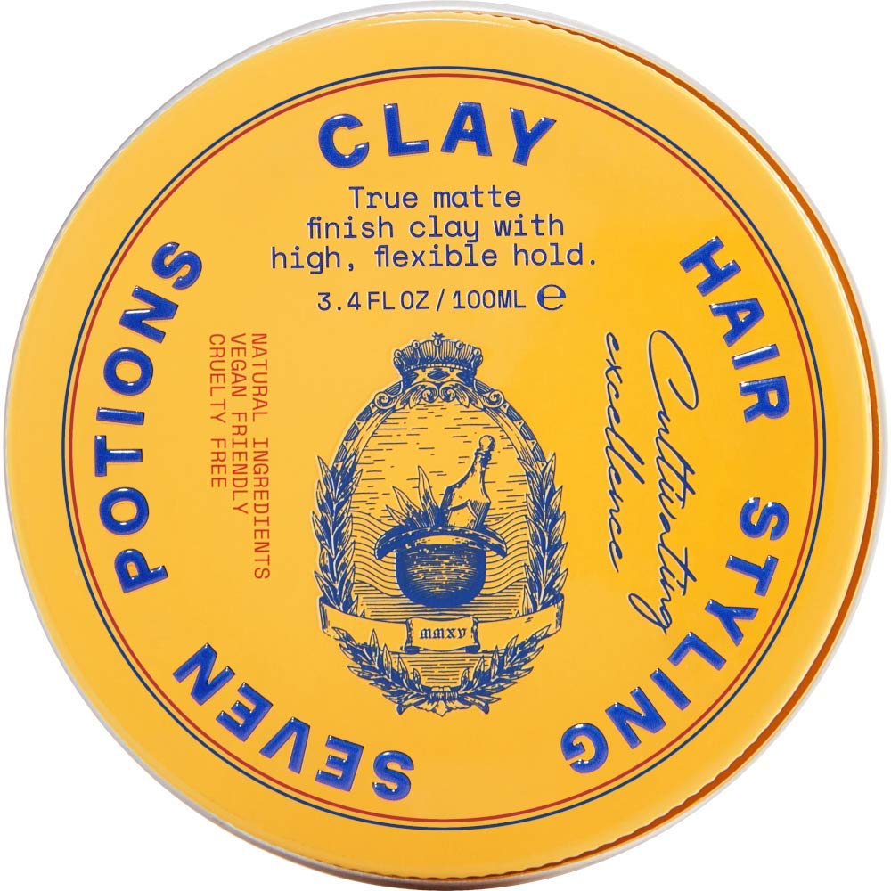 Seven Potions Hair Clay packaging highlights vegan, cruelty-free formula for mindful styling.