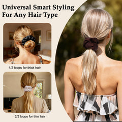SEVEN STYLE satin scrunchies in dark brown hair with gentle, secure grip