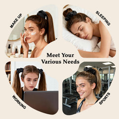 SEVEN STYLE satin scrunchies on ponytail demonstrates secure, gentle grip.