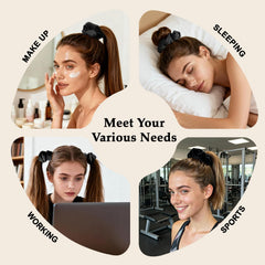 SEVEN STYLE velvet scrunchies 8pc black bun style shows versatile, no-crease look