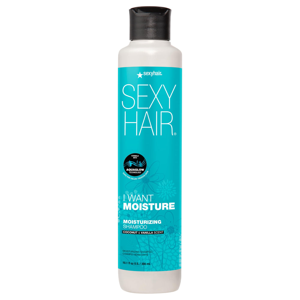 SexyHair champú hidratante derramando desde la botella para hidratación suave.