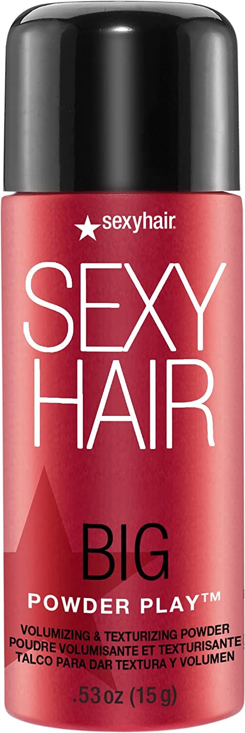 SexyHair Powder Play bottle closeup shows colorless formula delivering lift