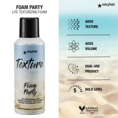 Brillo sedoso con SexyHair Texture Foam Party Lite para acabado natural.