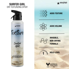 SexyHair Texture Surfer Girl Dry Texturizing Spray bottle close-up shows coconut scent and beachy finish.