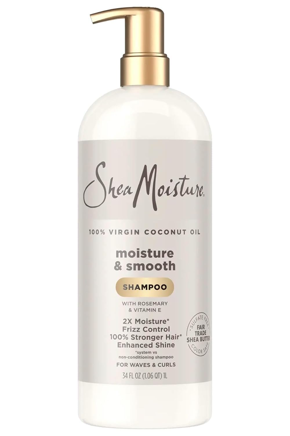Shea Moisture shampoo bottle close-up for frizz control and radiant shine.