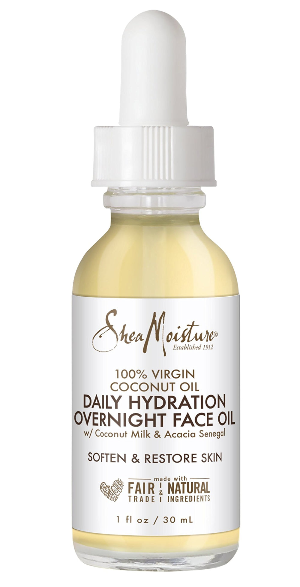SheaMoisture aceite nocturno para la piel, envase derramando, hidratación nocturna.