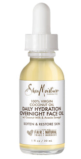 SheaMoisture aceite nocturno para la piel, envase derramando, hidratación nocturna.