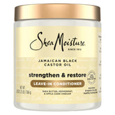 Acondicionador SheaMoisture sin enjuague con aceite de ricino jamaicano en botella para suavizar y desenredar.