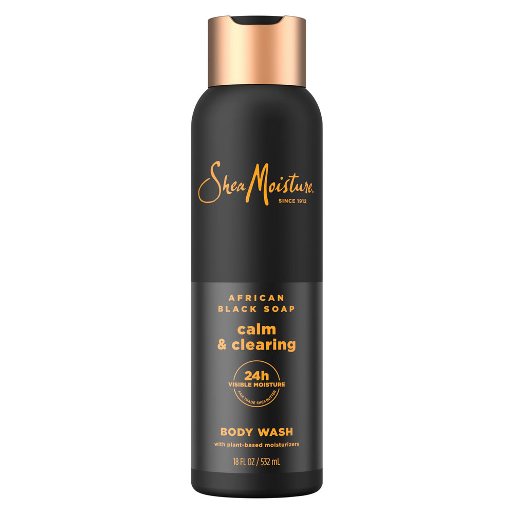 SheaMoisture Jabón Negro Africano para cuerpo, botella visible, hidratación 24 horas.
