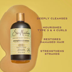 SheaMoisture champú, aceite de ricino jamaicano visible, fortalecimiento capilar.