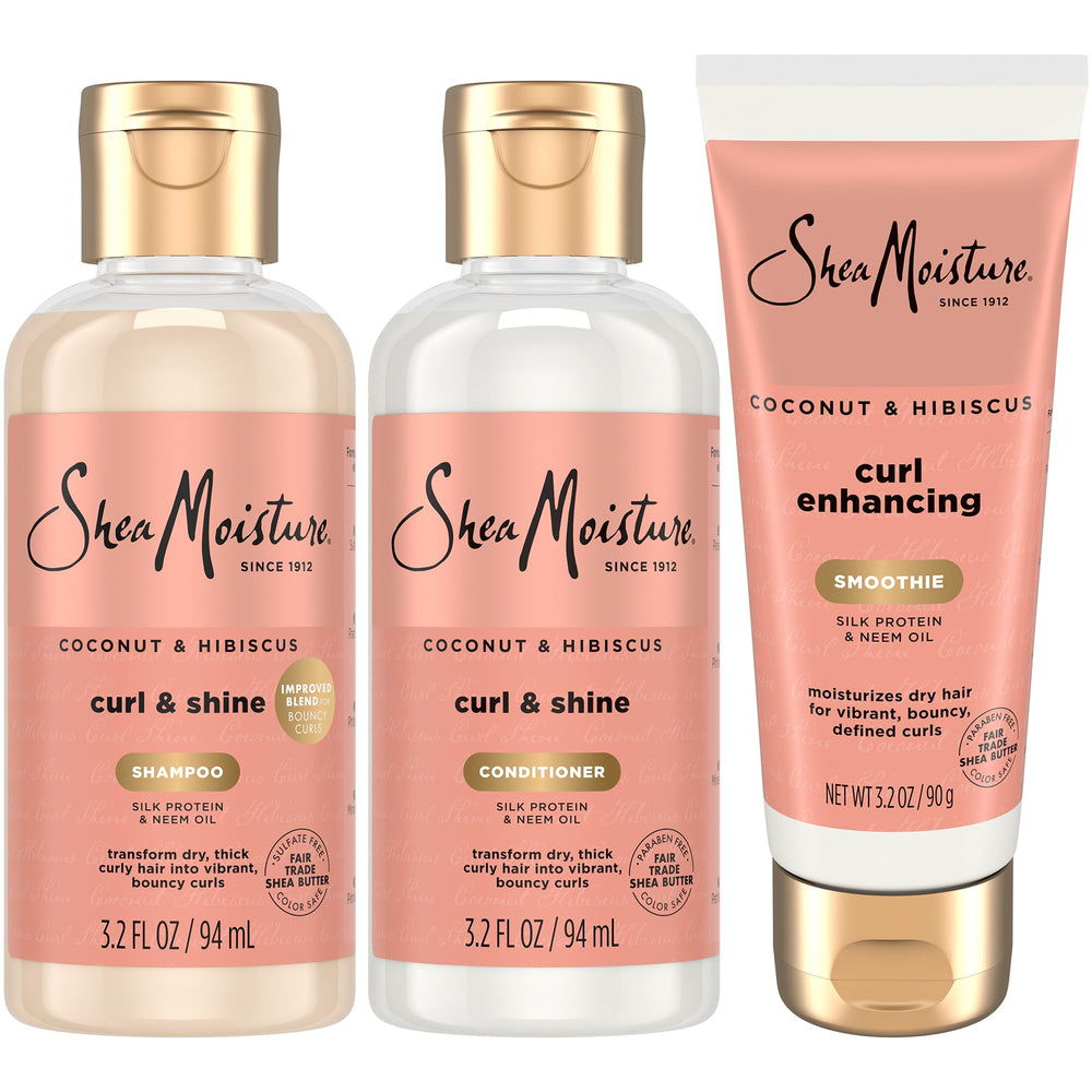 Botella de champú SheaMoisture Coco Hibisco para viaje, rizos definidos y suave aroma.