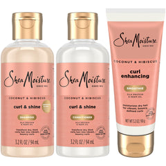 Botella de champú SheaMoisture Coco Hibisco para viaje, rizos definidos y suave aroma.