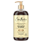 SheaMoisture champú fortalecedor con aceite de ricino jamaicano; botella vertiendo, uso diario