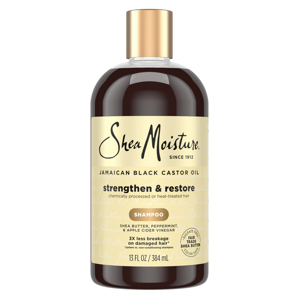 SheaMoisture champú con aceite de ricino negro jamaicano, botella frontal, limpieza suave para cabello dañado.